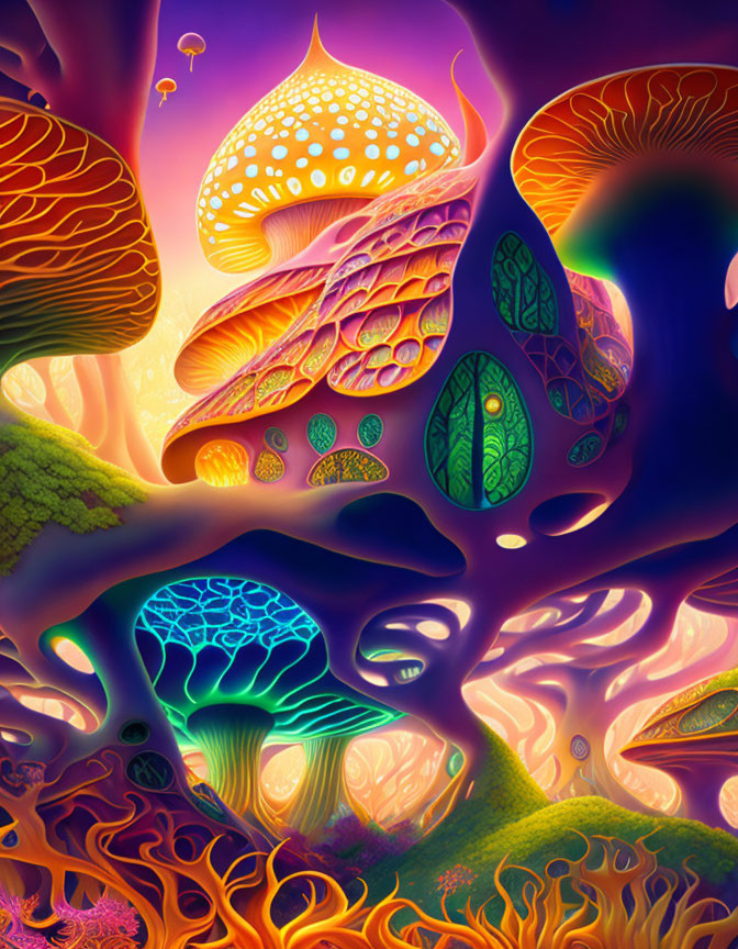 Fantastical Landscape with Oversized Mushrooms in Vibrant Colors