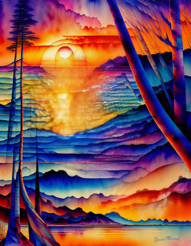 Vivid sunset landscape with blue and orange hues, silhouetted trees, and layered mountains