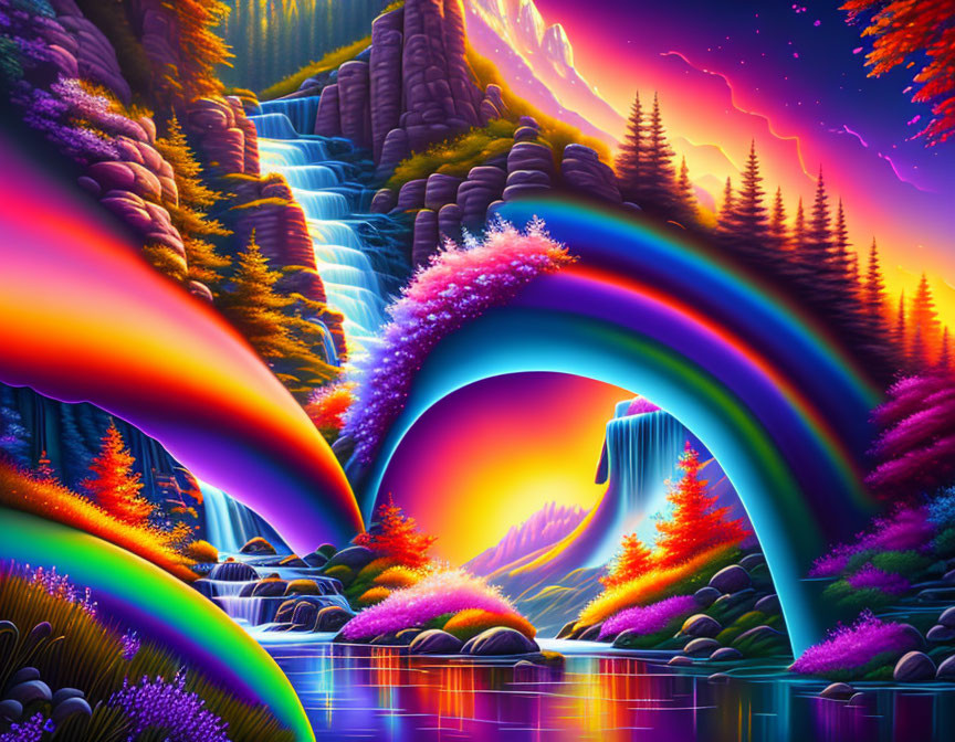 Colorful Fantasy Landscape with Rainbow Waterfalls & Luminous Sunset Sky