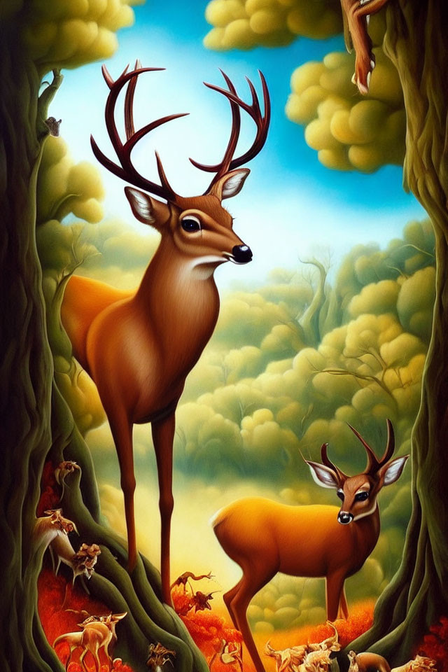 Stylized deer in surreal forest with exaggerated foliage