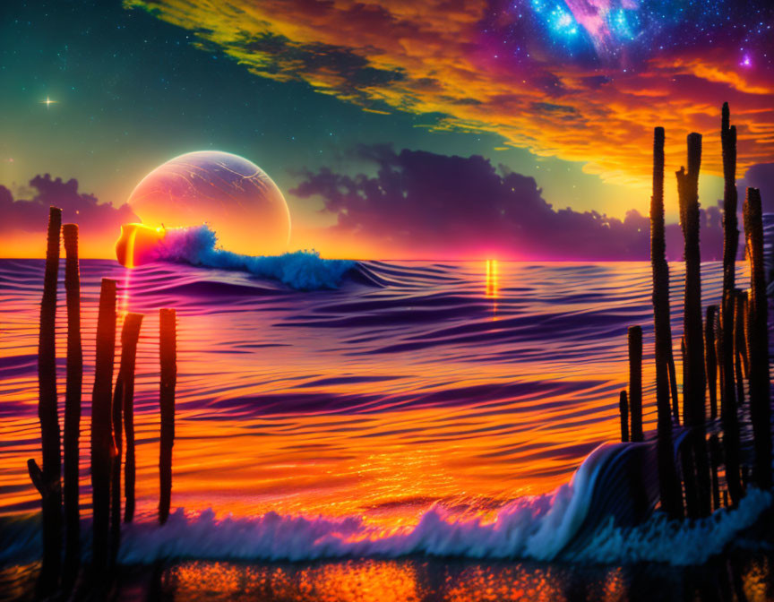 Surreal ocean sunset with planet, colorful skies, and silhouetted cacti