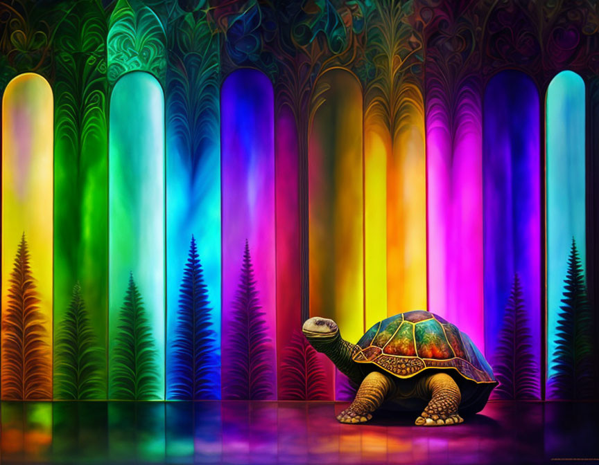 Colorful Digital Artwork: Turtle in Forest with Rainbow Trees