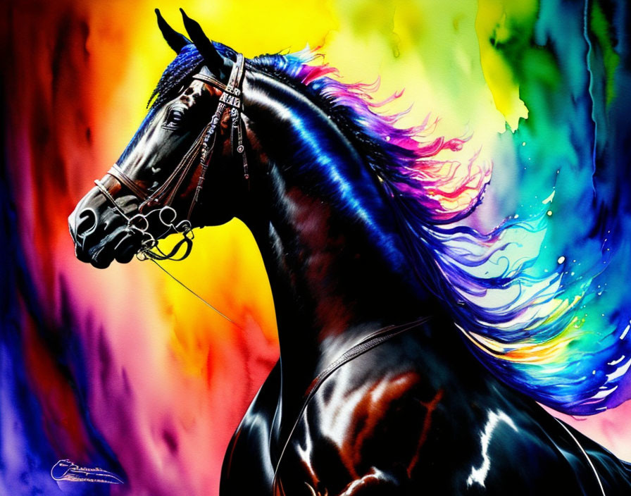 Colorful Abstract Horse Artwork with Detailed Tack Gear