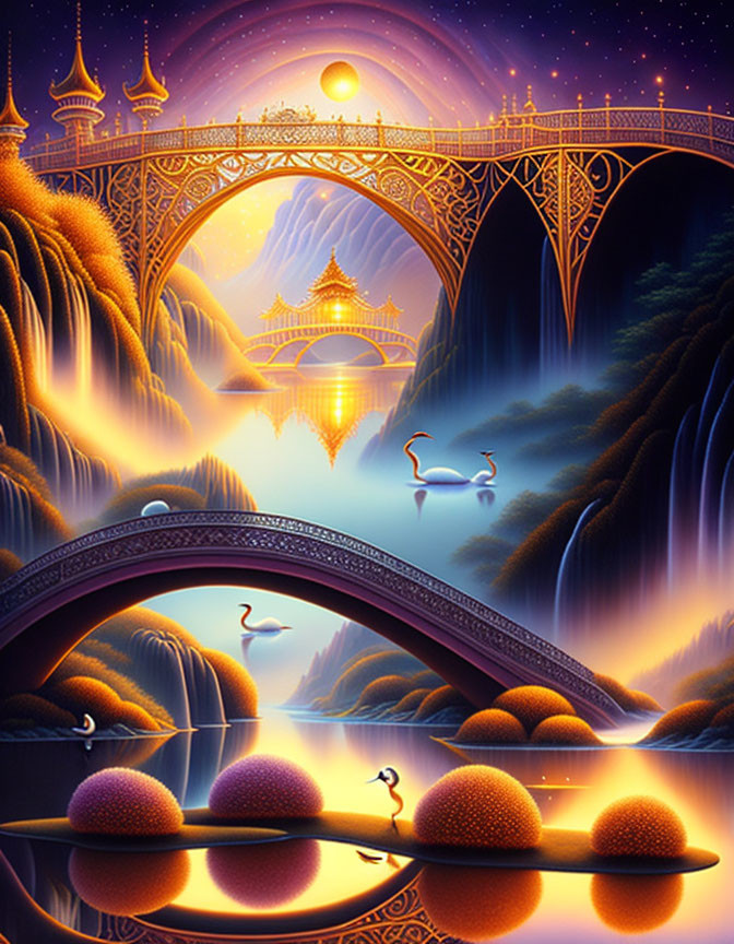 Fantastical landscape with ornate bridges, waterfalls, swans, glowing trees, and golden