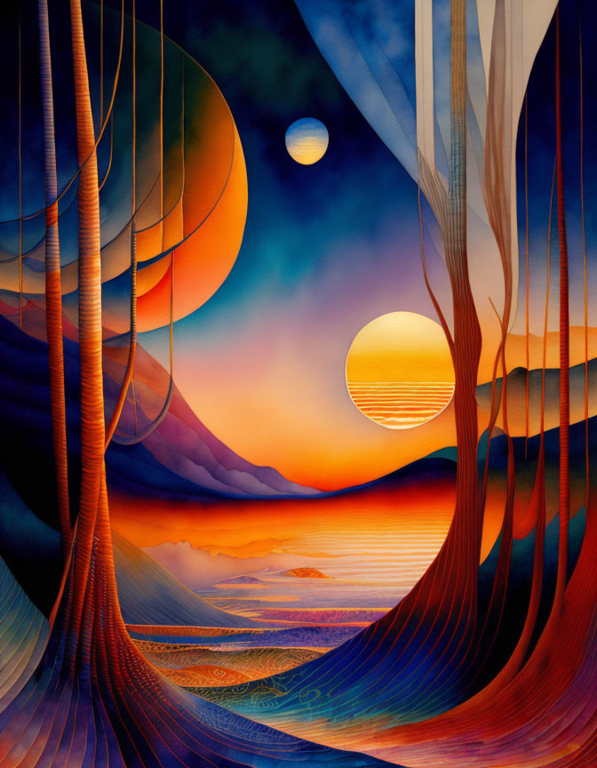 Vibrant surreal landscape with stylized trees and two moons