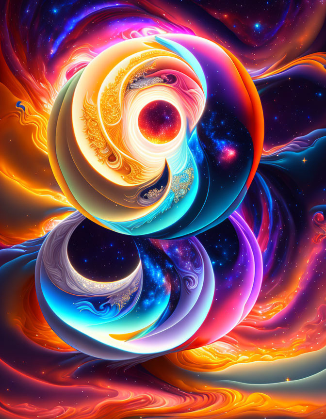 Abstract Swirling Patterns of Oranges, Blues, and Purples in Cosmic Dance