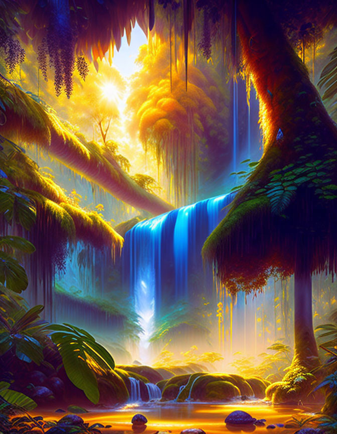 Ethereal jungle scene with vibrant waterfall and sunbeams