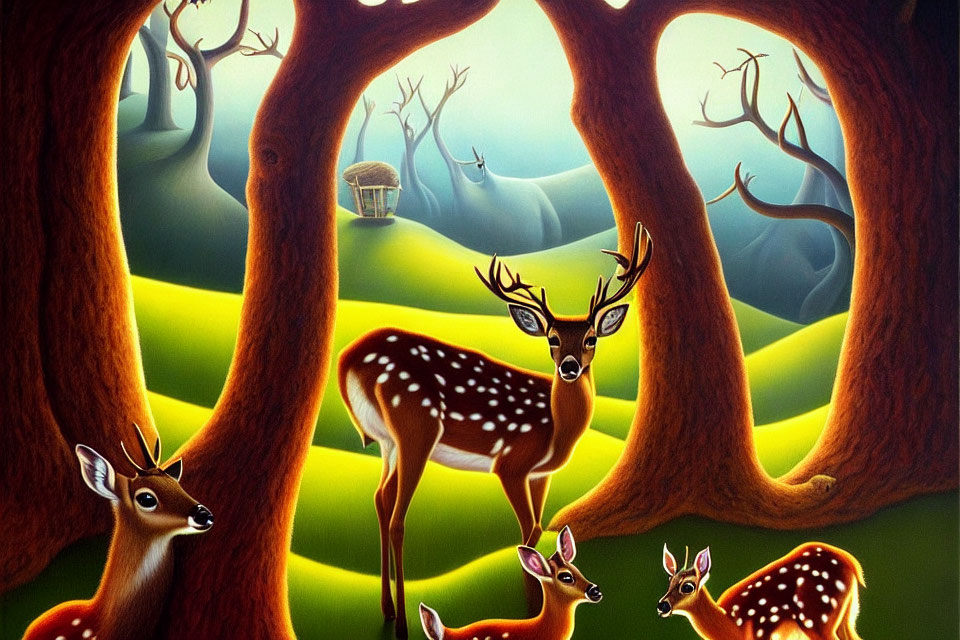 Colorful deer in mystical forest with glowing pathway