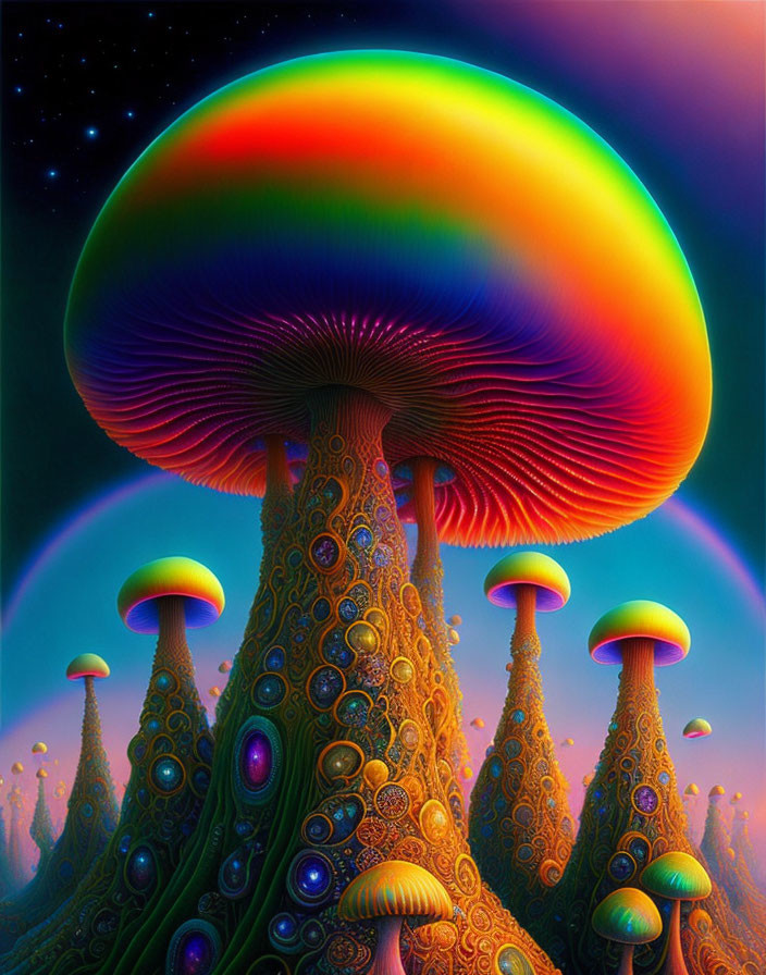 Colorful digital art: Psychedelic mushroom structures in starry sky