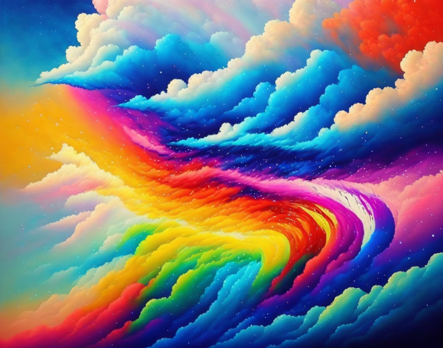 Abstract celestial scene with vibrant swirling colors and fluffy clouds