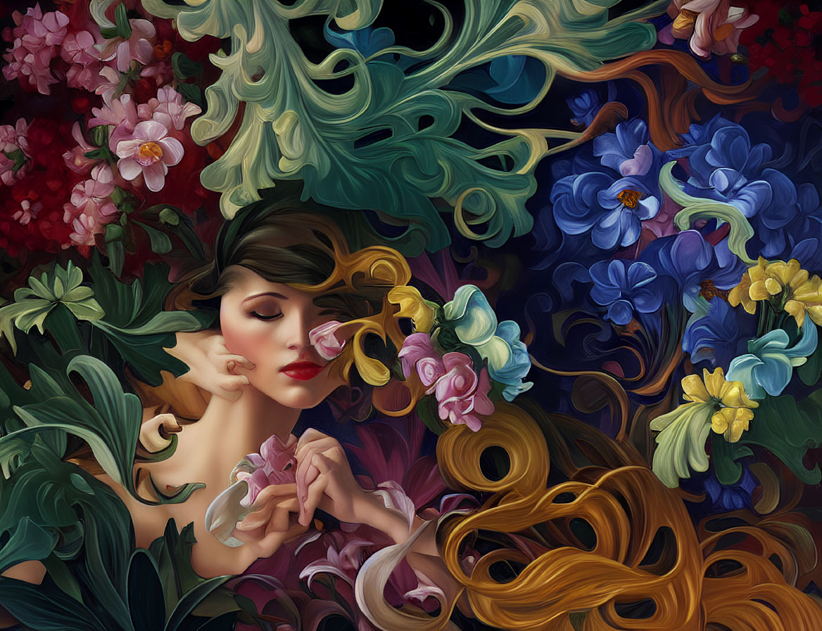 Colorful Stylized Portrait of Woman with Flowing Hair and Vibrant Flowers