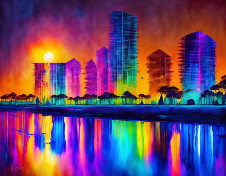 Colorful high-rise buildings in surreal cityscape under sunset sky.