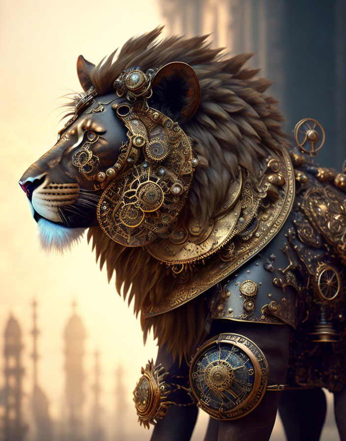 Steampunk-inspired lion with brass mechanical parts in misty backdrop