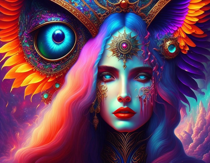 Colorful woman with multicolored hair and third eye in ornate headdress against psychedelic backdrop