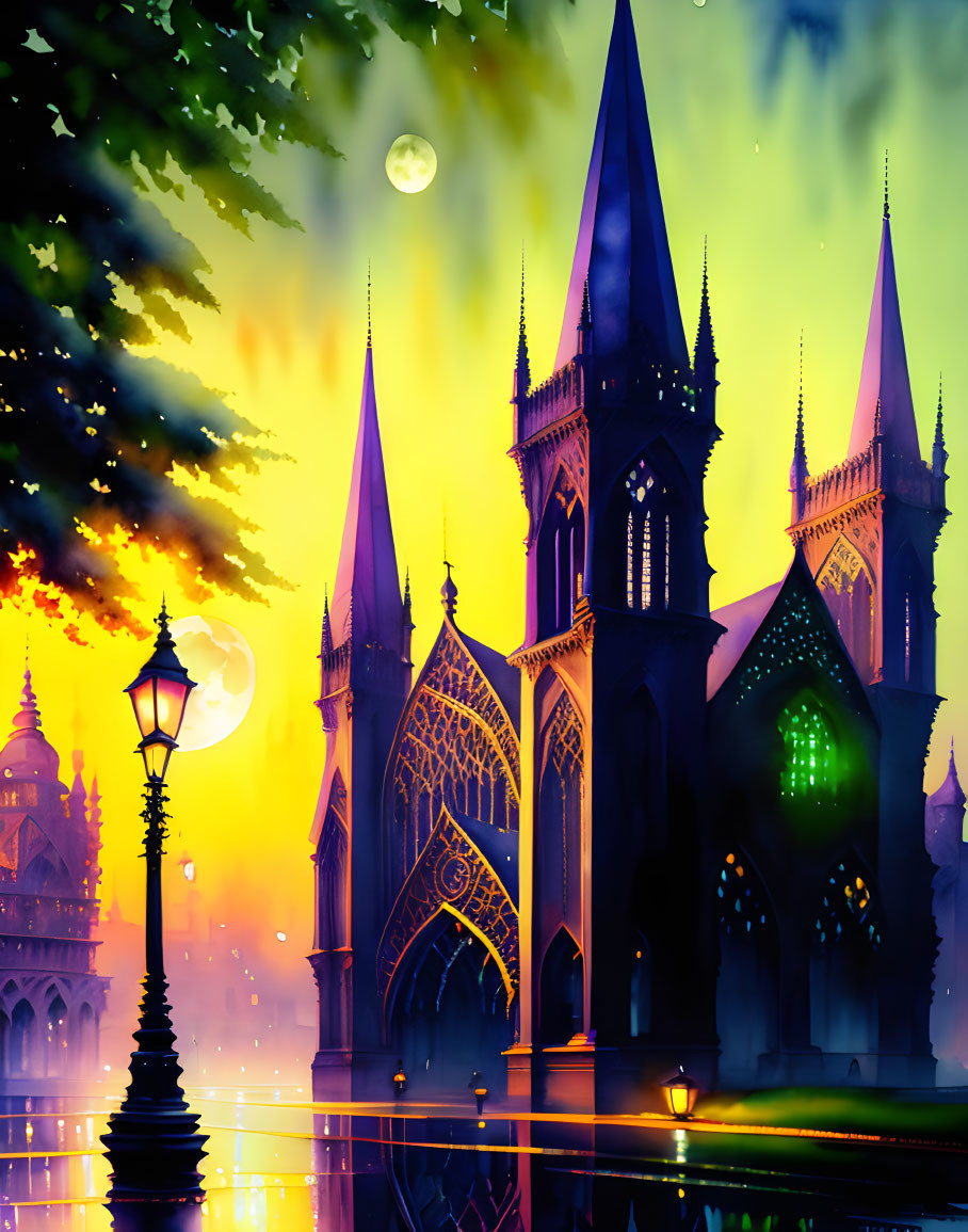 Vibrant fantasy cityscape: gothic architecture, glowing streetlamp, colorful dusk sky.