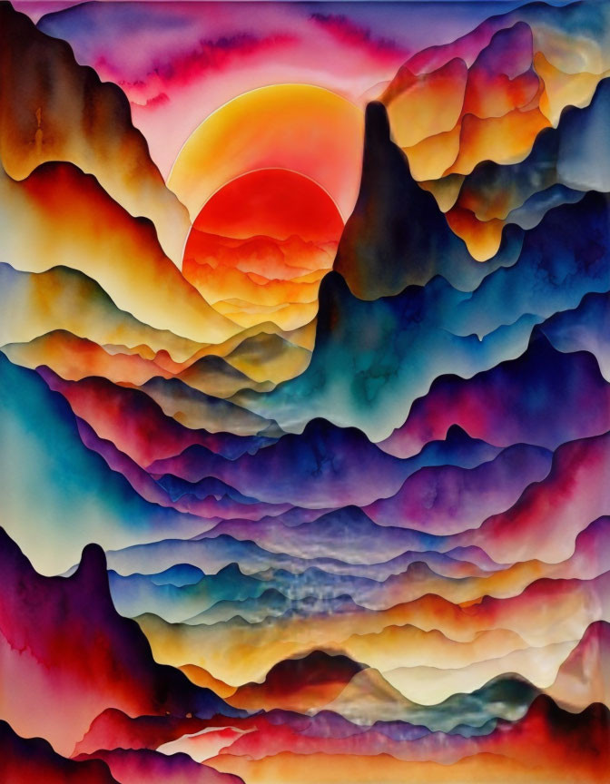 Vibrant watercolor painting of layered mountains at sunset