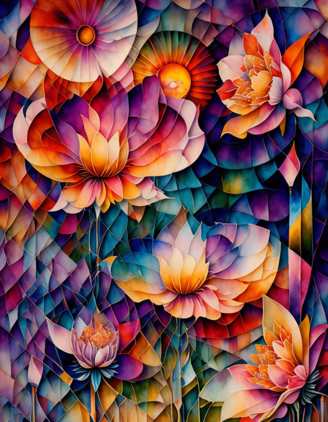 Colorful geometric mosaic painting of lush flowers