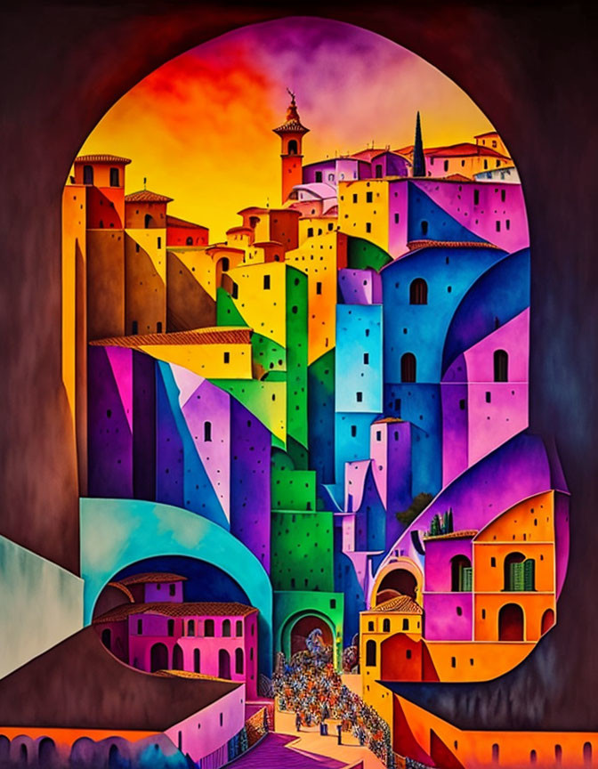 Colorful cityscape painting under sunset sky with archway view.