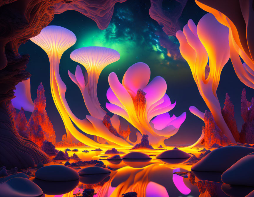 Surreal landscape with giant luminous mushrooms, starry sky, lava rivers, and stone formations