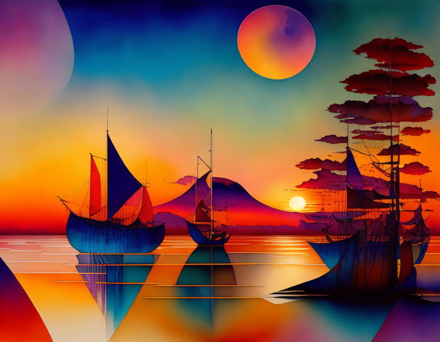 Colorful seascape with sailboats, mirrored hues, silhouetted hills, and dual celestial