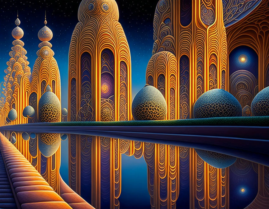 Surreal cityscape with ornate towers under starry sky