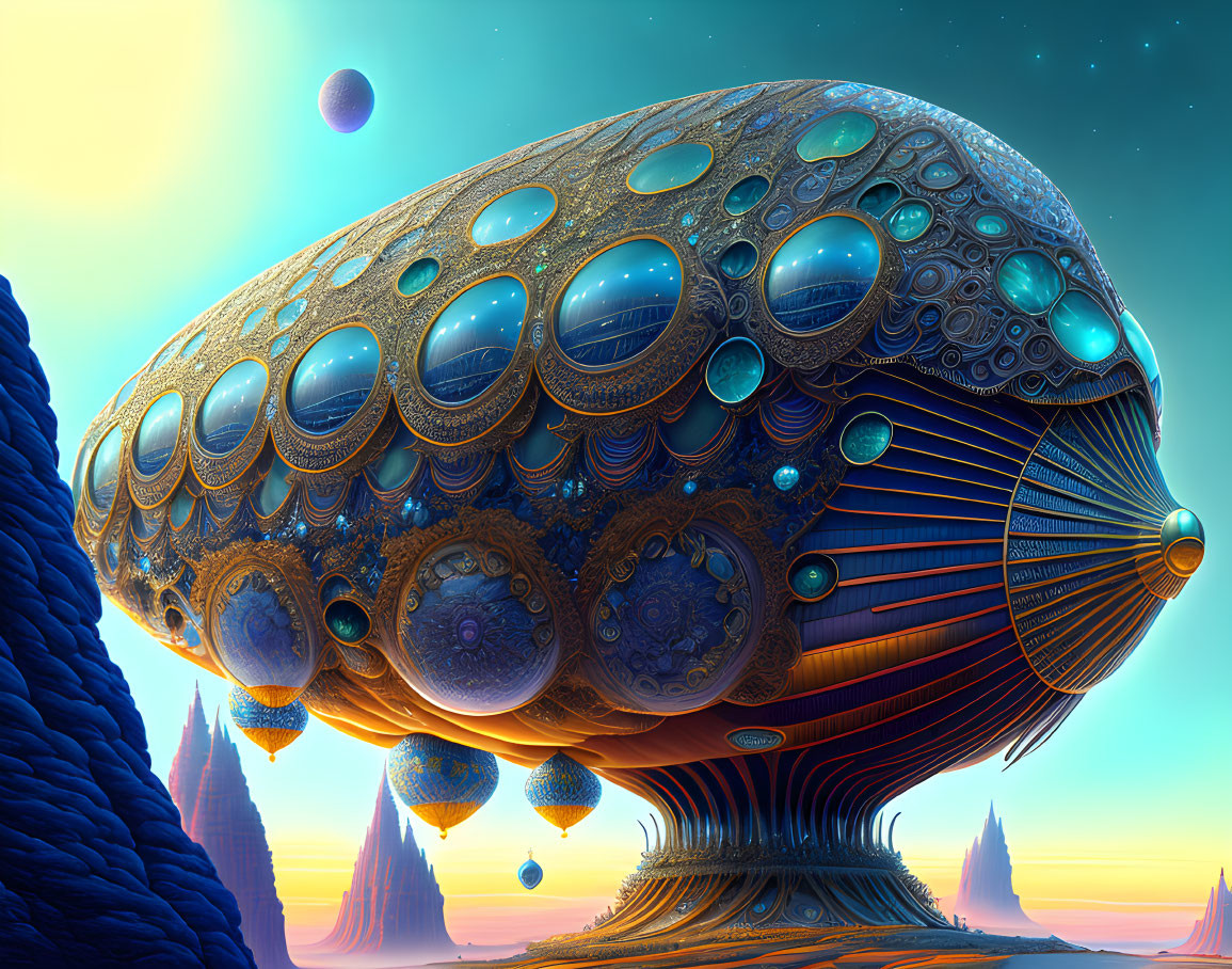 Futuristic spaceship-like structure with intricate patterns in otherworldly skyline