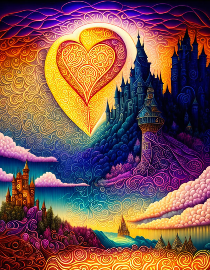 Fantasy landscape with whimsical castles and heart-shaped motif