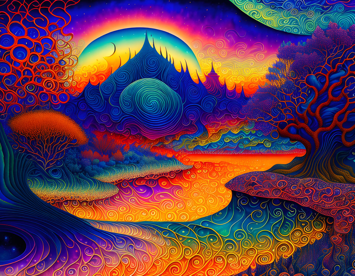 Colorful Psychedelic Landscape with Swirling Patterns and Starry Sky