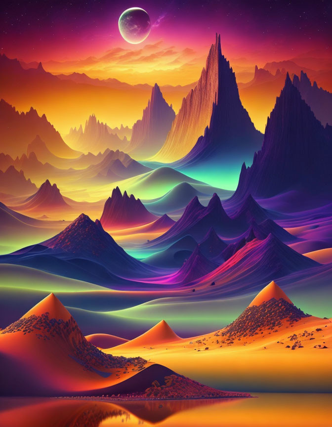 Surreal digital artwork: vibrant mountain landscape under starry sky