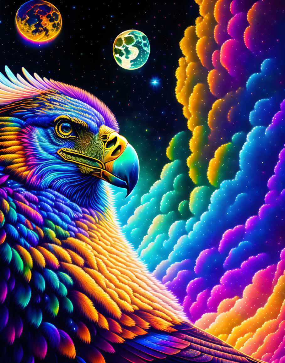 Colorful Eagle Illustration with Cosmic Background and Planets