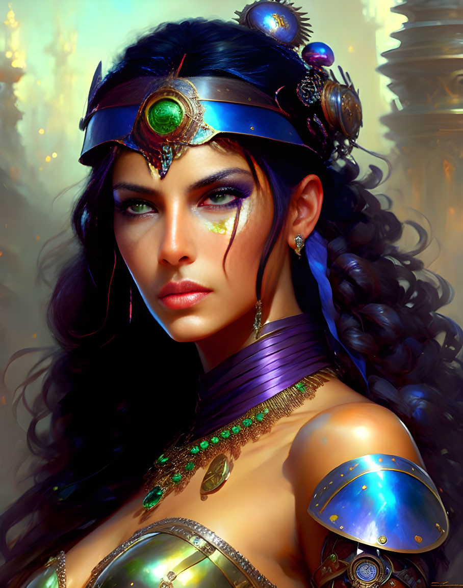 Regal woman with jeweled crown and armor, deep blue eyes, curly hair, and gold makeup