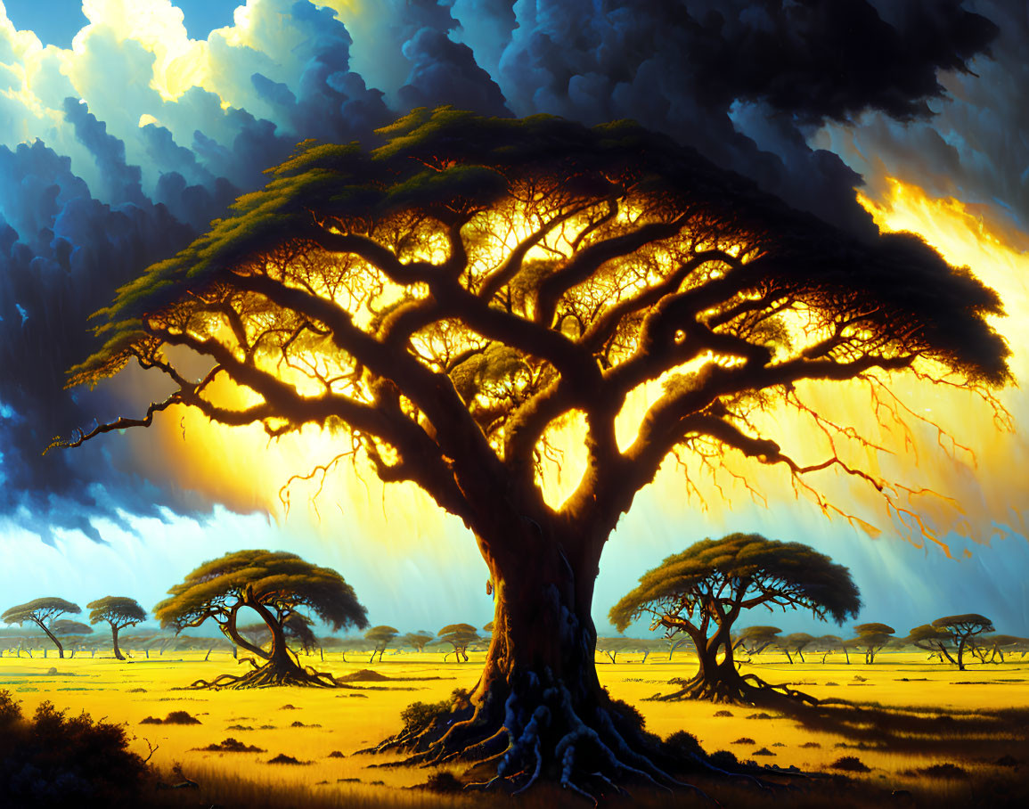 Majestic tree in vibrant savanna landscape under dramatic sky