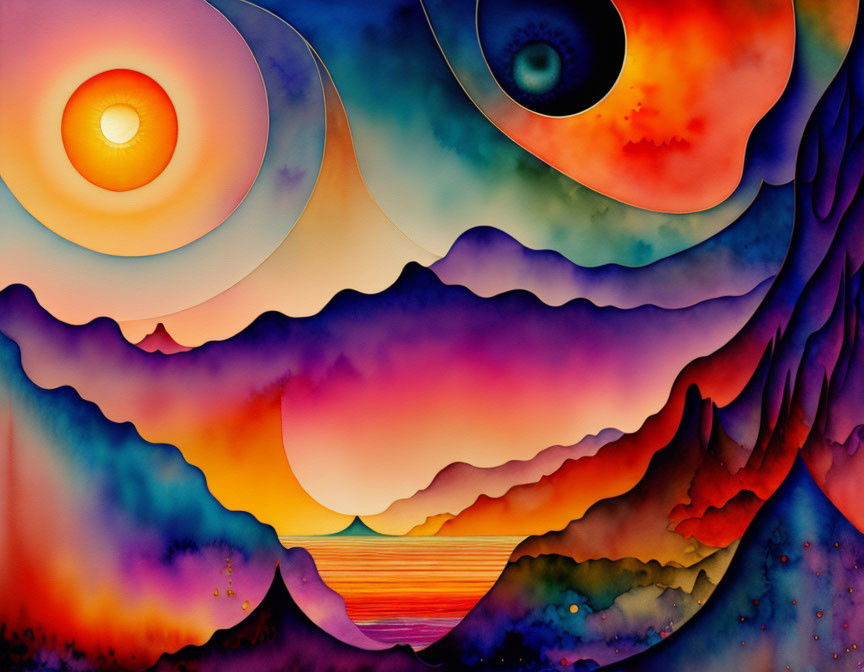 Colorful abstract painting with sun, swirling patterns, seascape, and mountains