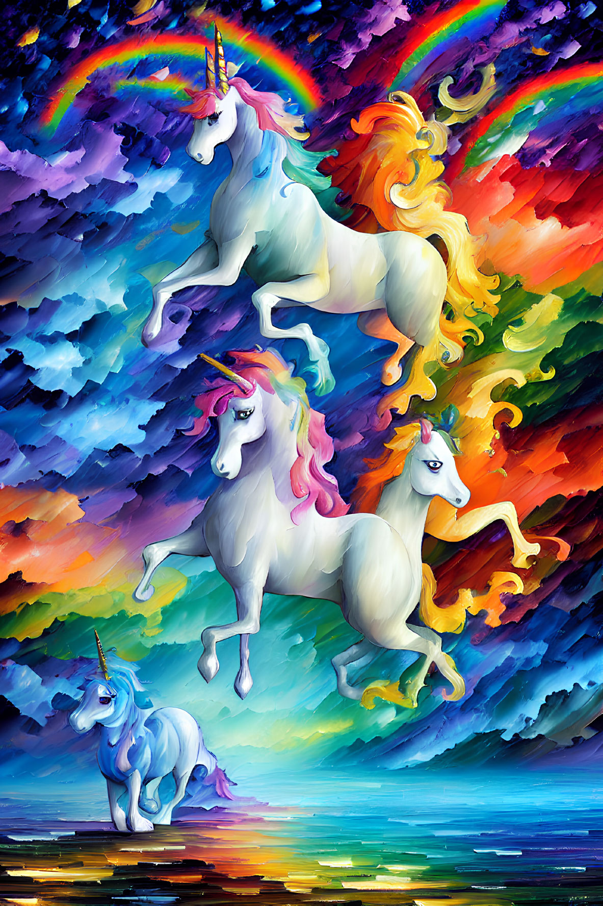 Four Unicorns in Colorful Landscape with Reflective Water