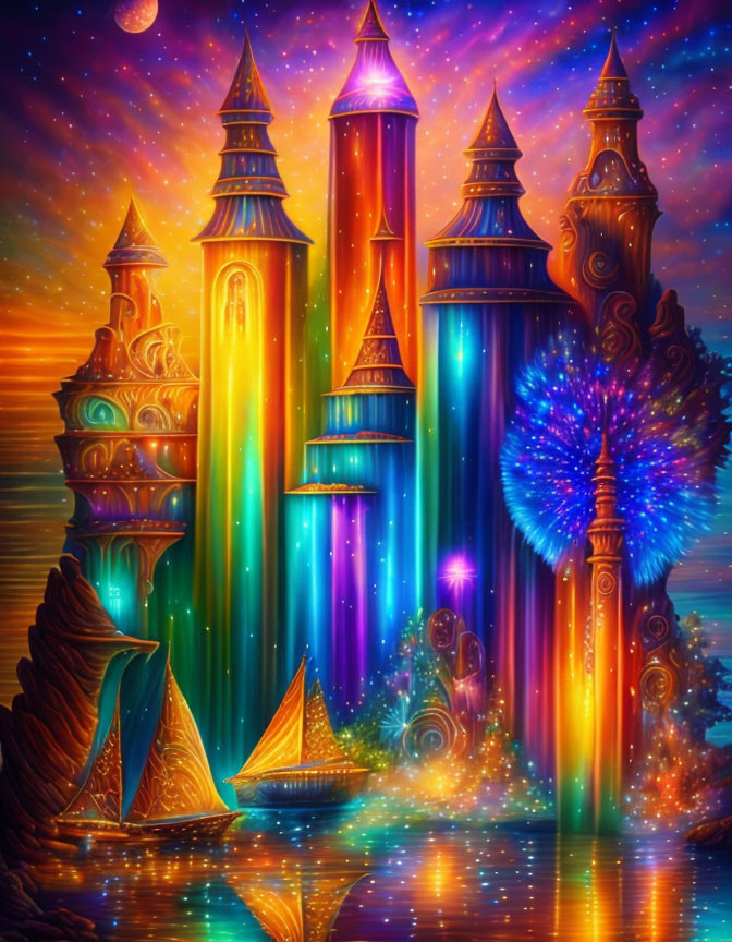 Colorful towers and mystical waters in a vibrant fantasy landscape