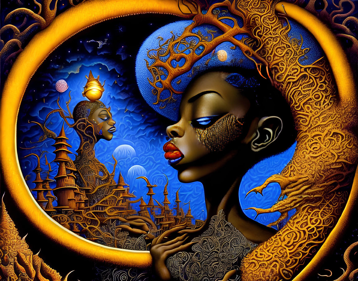 Colorful digital art: Stylized African women with intricate patterns on celestial backdrop