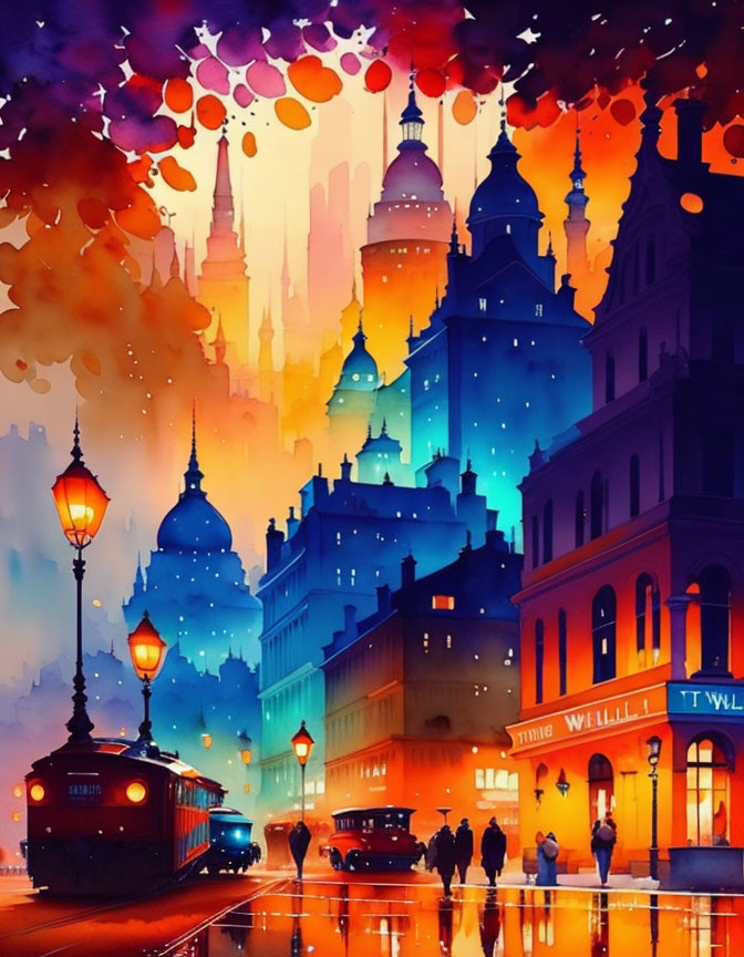 Colorful city street illustration at dusk with ornate buildings, tram, and vivid sky.