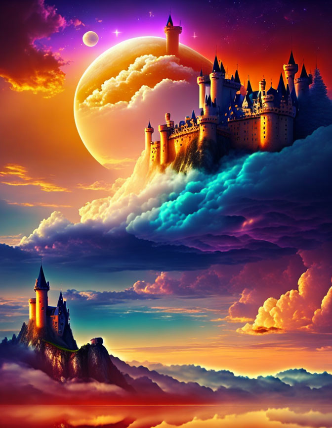 Fantasy castle on clouds under large moon, vibrant sunset sky, distant planets