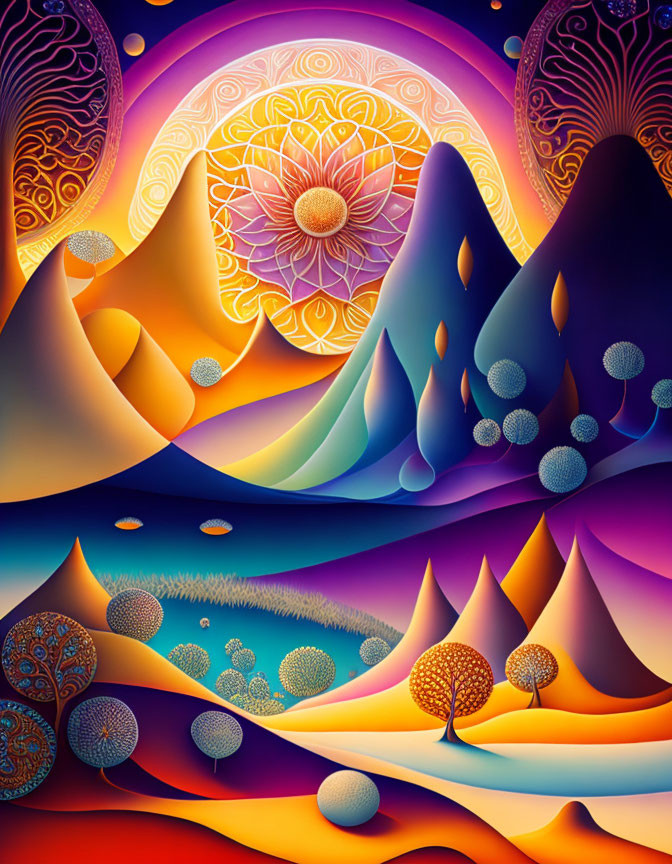 Colorful fantasy landscape with stylized mountains and celestial elements