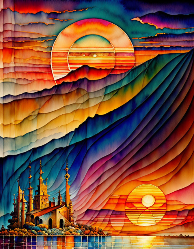 Colorful Landscape with Castle, Hills, and Dual Suns