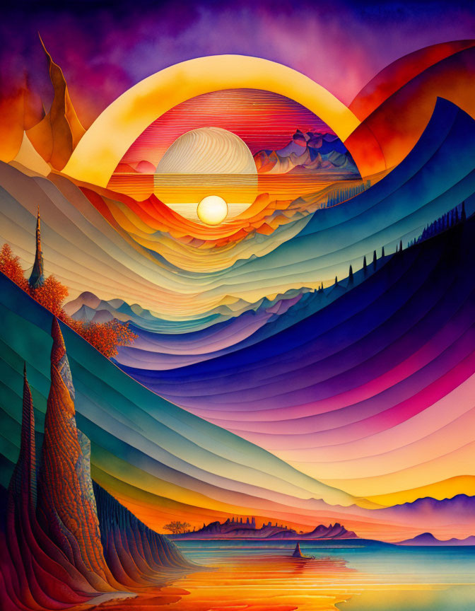 Colorful Landscape with Stylized Sun, Hills, and Boat