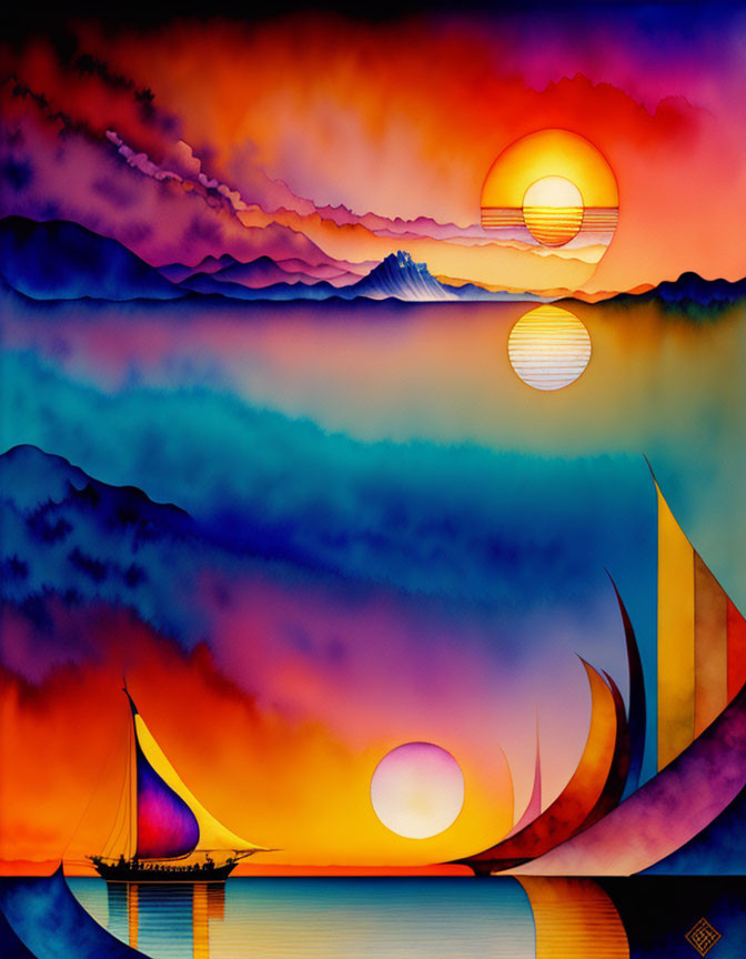 Surreal landscape with multiple suns, colorful skies, mountain, boat, serene water