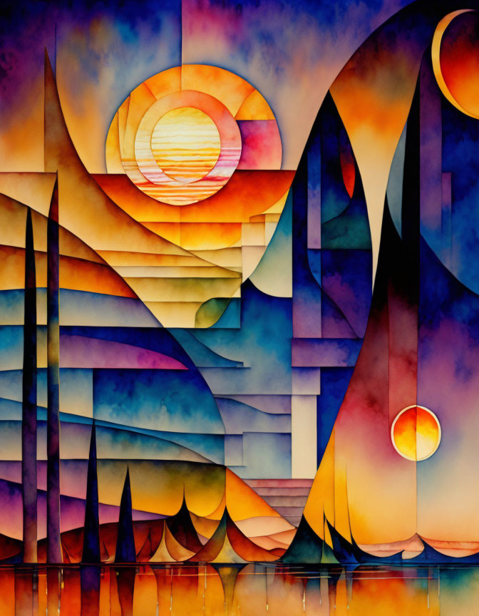 Vibrant Abstract Painting: Warm Hues, Geometric and Curved Shapes