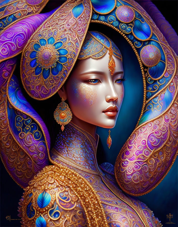 Detailed digital artwork of woman in ornate gold and blue headdress and jewelry