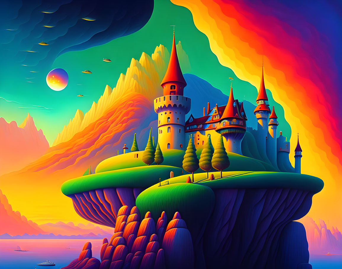 Colorful Illustration of Fantastical Cliffside Castle & Scenic Landscape