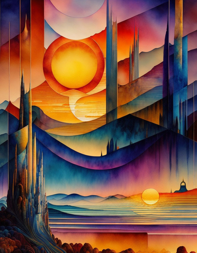 Surreal landscape painting with stylized suns, reflective water, vibrant hills, and spire