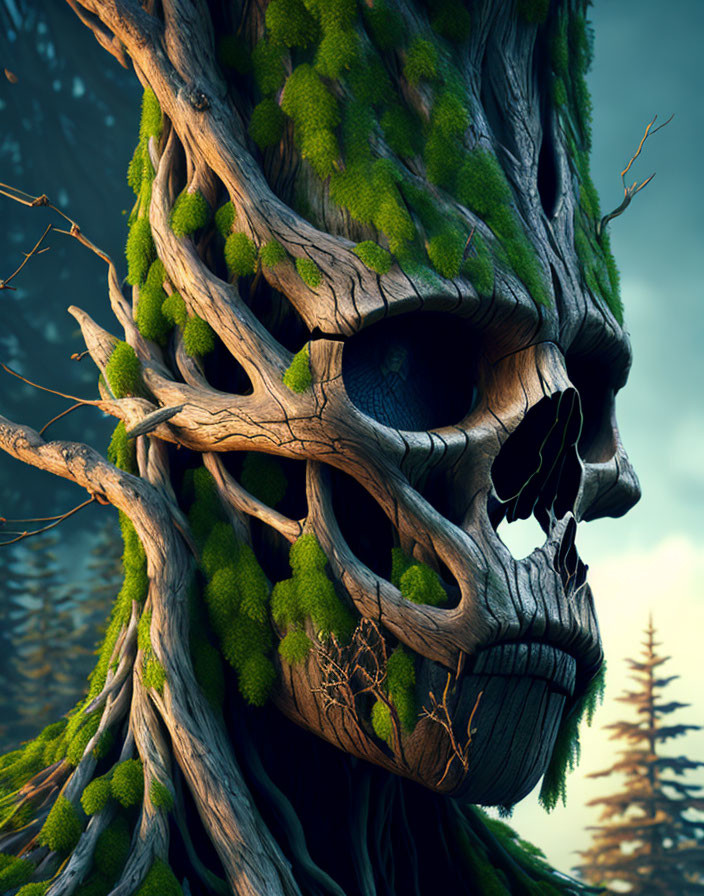 Tree with human-like features and moss-covered face.