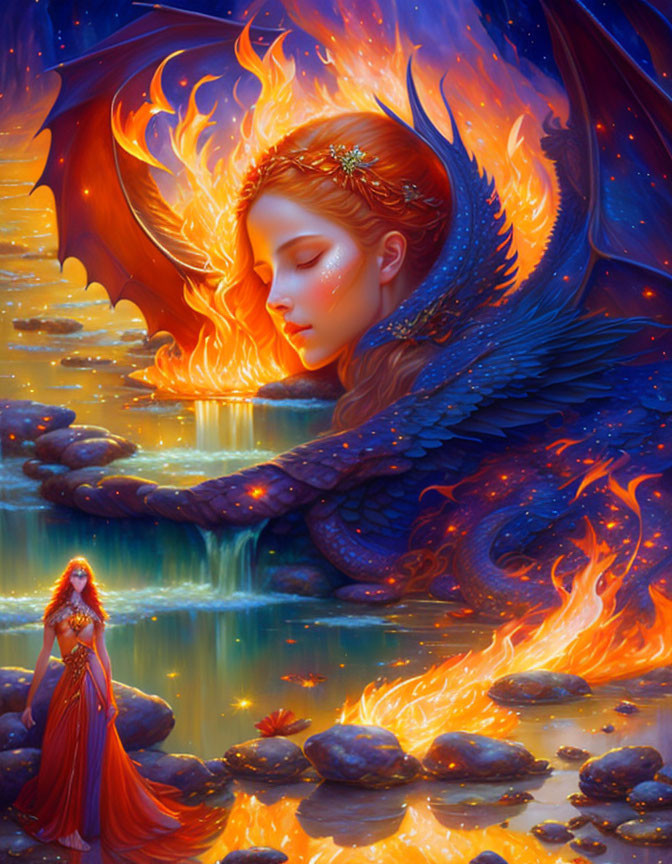 Fantasy artwork of woman with dragon wings in flames by serene waterfall