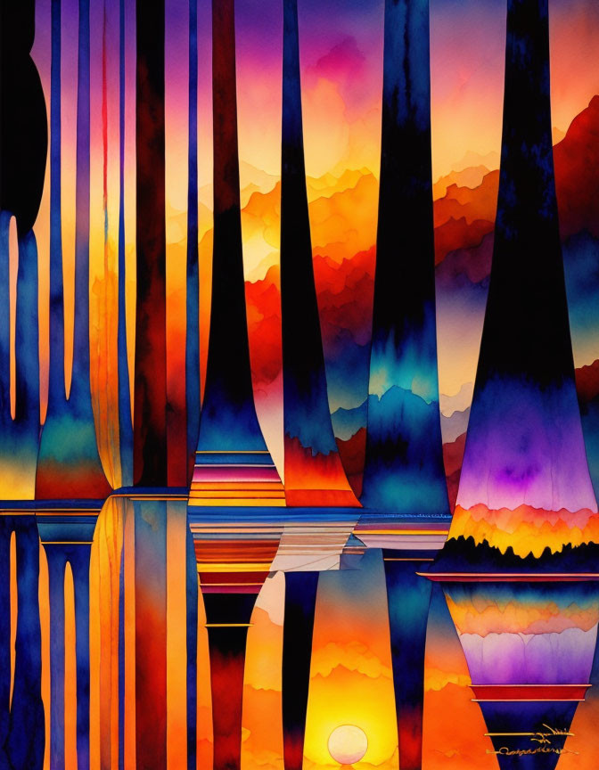 Vivid Orange and Blue Abstract Landscape with Stylized Trees