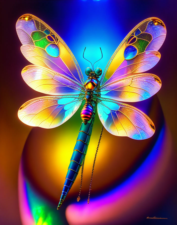 Colorful Dragonfly Artwork with Rainbow Wings on Gradient Background